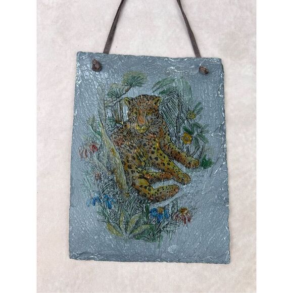 Vintage Jaguar Cheetah Leopard Painting on Slate Big Cat 1970s Mod MCM - Picture 2 of 4